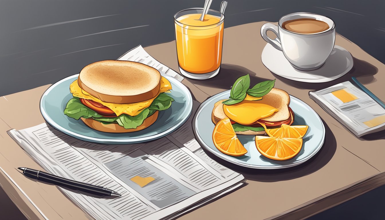 A breakfast sandwich on a plate, surrounded by a cup of coffee and a fresh orange, set on a table with a newspaper and a laptop