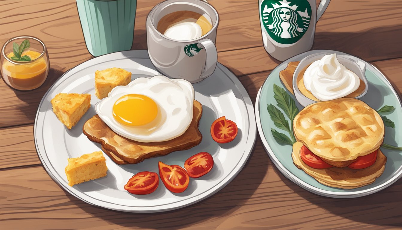 A plate of egg white and roasted red pepper sous vide egg bites sits on a wooden table, surrounded by other breakfast items from Starbucks