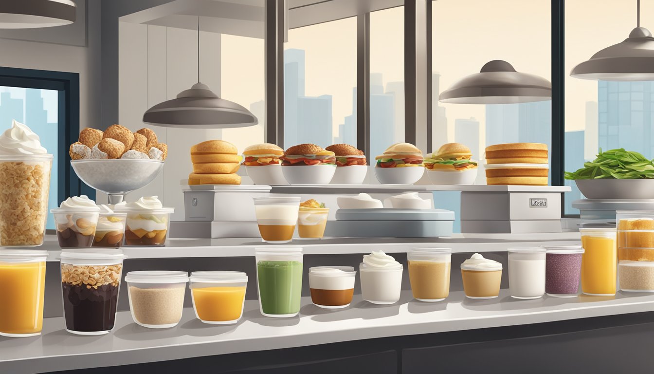 A colorful display of Starbucks breakfast options, including oatmeal, egg sandwiches, and yogurt parfaits, arranged on a clean, modern counter