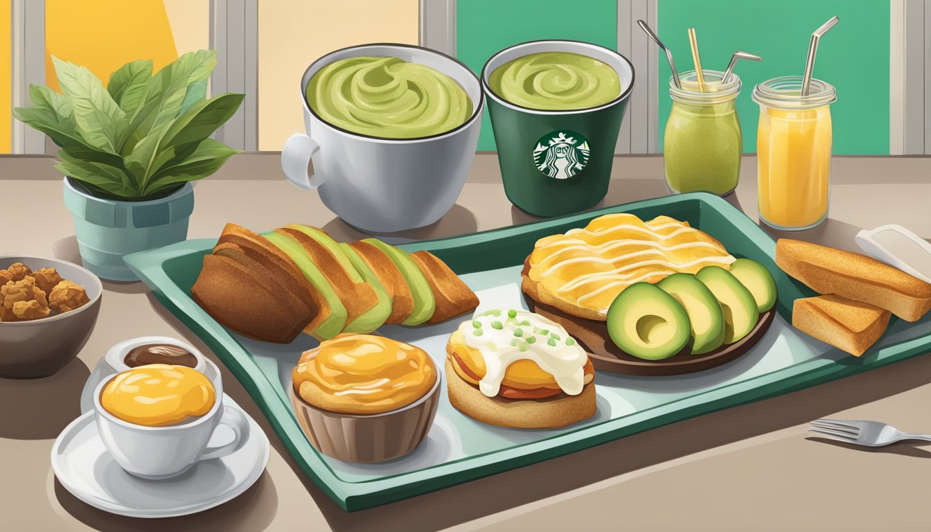 A table set with a variety of Starbucks breakfast items, including avocado spread, ready to fuel a workday