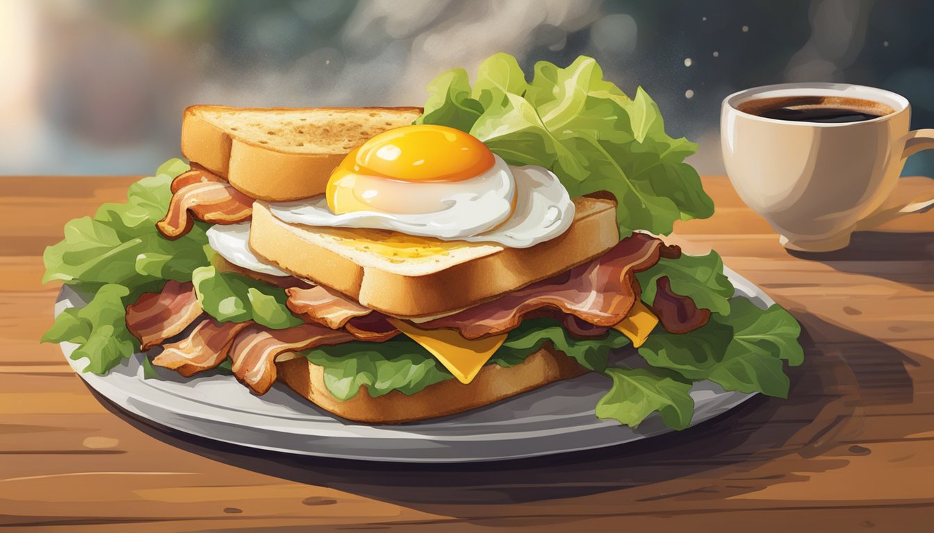 A sizzling bacon, cheddar, and egg sandwich sits on a rustic wooden table, surrounded by a steaming cup of coffee and a vibrant green garnish