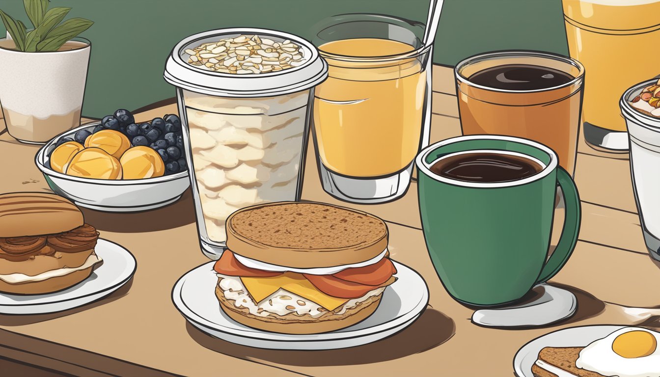 A table with a variety of breakfast options at Starbucks, including oatmeal, yogurt parfaits, and breakfast sandwiches, displayed alongside a steaming cup of coffee