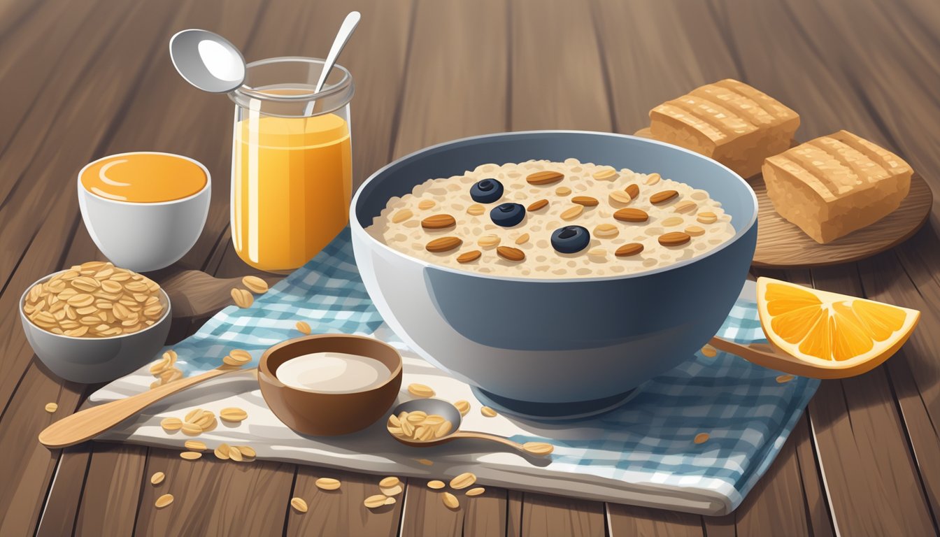 A bowl of oatmeal with a spoon on a wooden table, surrounded by a coffee cup and other breakfast items