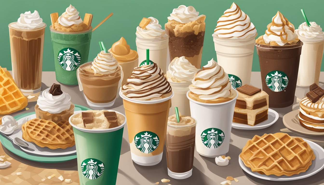 A table with a Caramel Waffle Cone Frappuccino surrounded by 8 Starbucks breakfast items resembling desserts