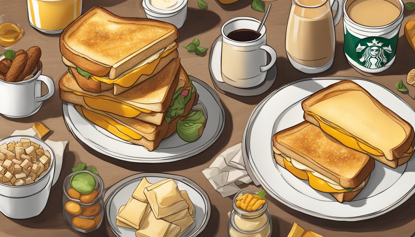 A golden-brown grilled cheese sandwich on a rustic sourdough bread, surrounded by a variety of breakfast items from Starbucks