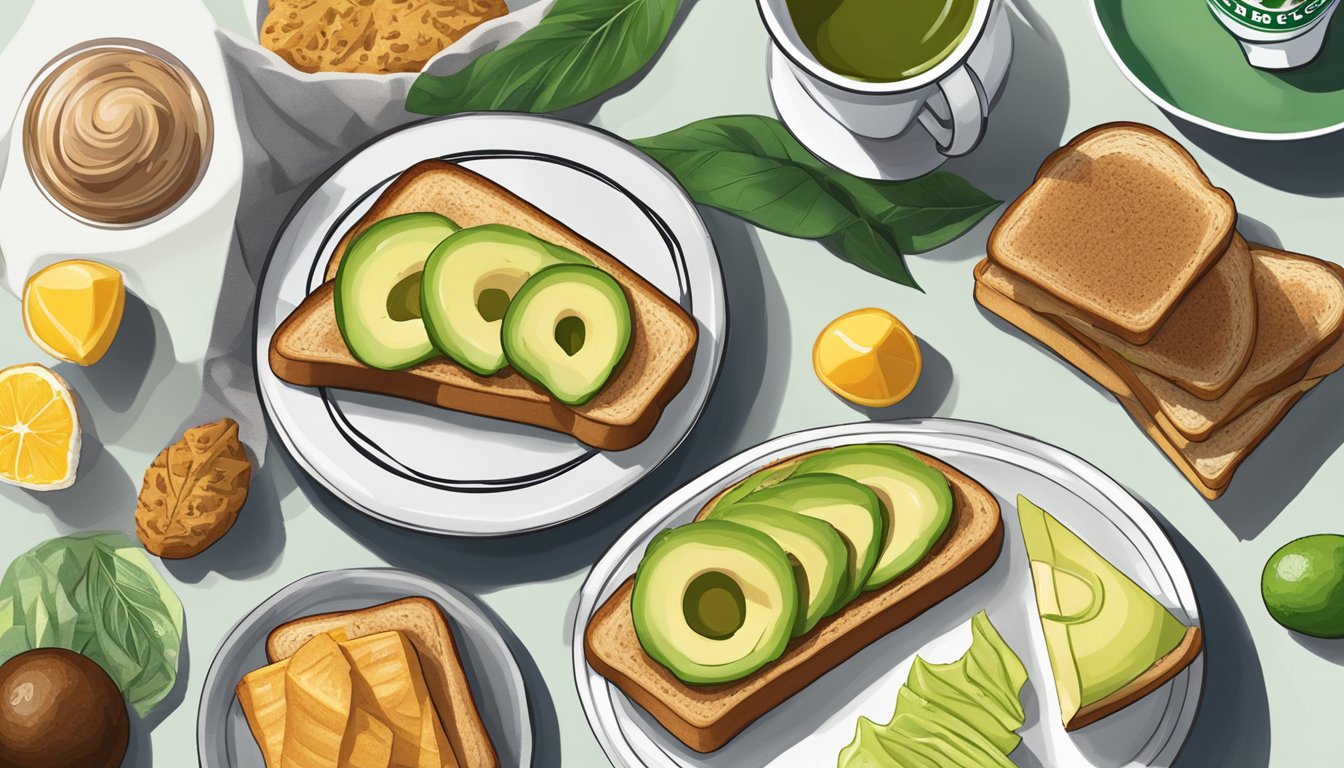 A slice of toast with avocado spread on a plate, surrounded by various Starbucks breakfast items