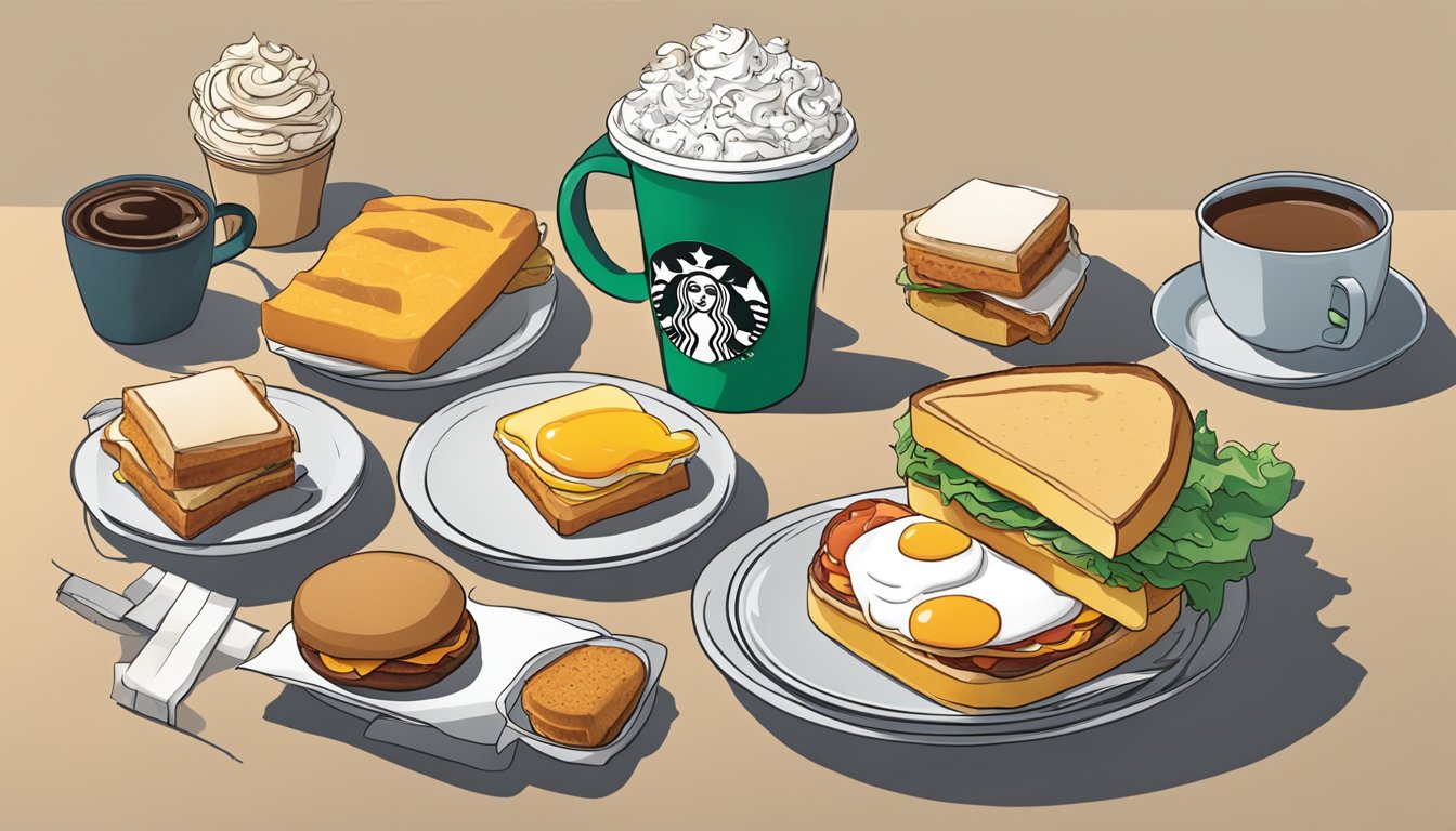 A table set with a steaming Impossible™ Breakfast Sandwich, along with 11 other Starbucks breakfast items, ready to fuel a workday