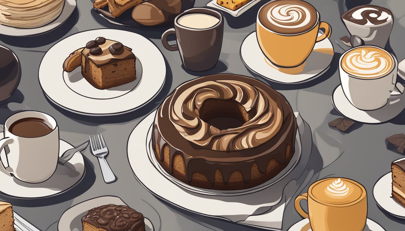 A decadent mocha swirl cake sits alongside 7 other breakfast items, all arranged on a table with a Starbucks logo in the background