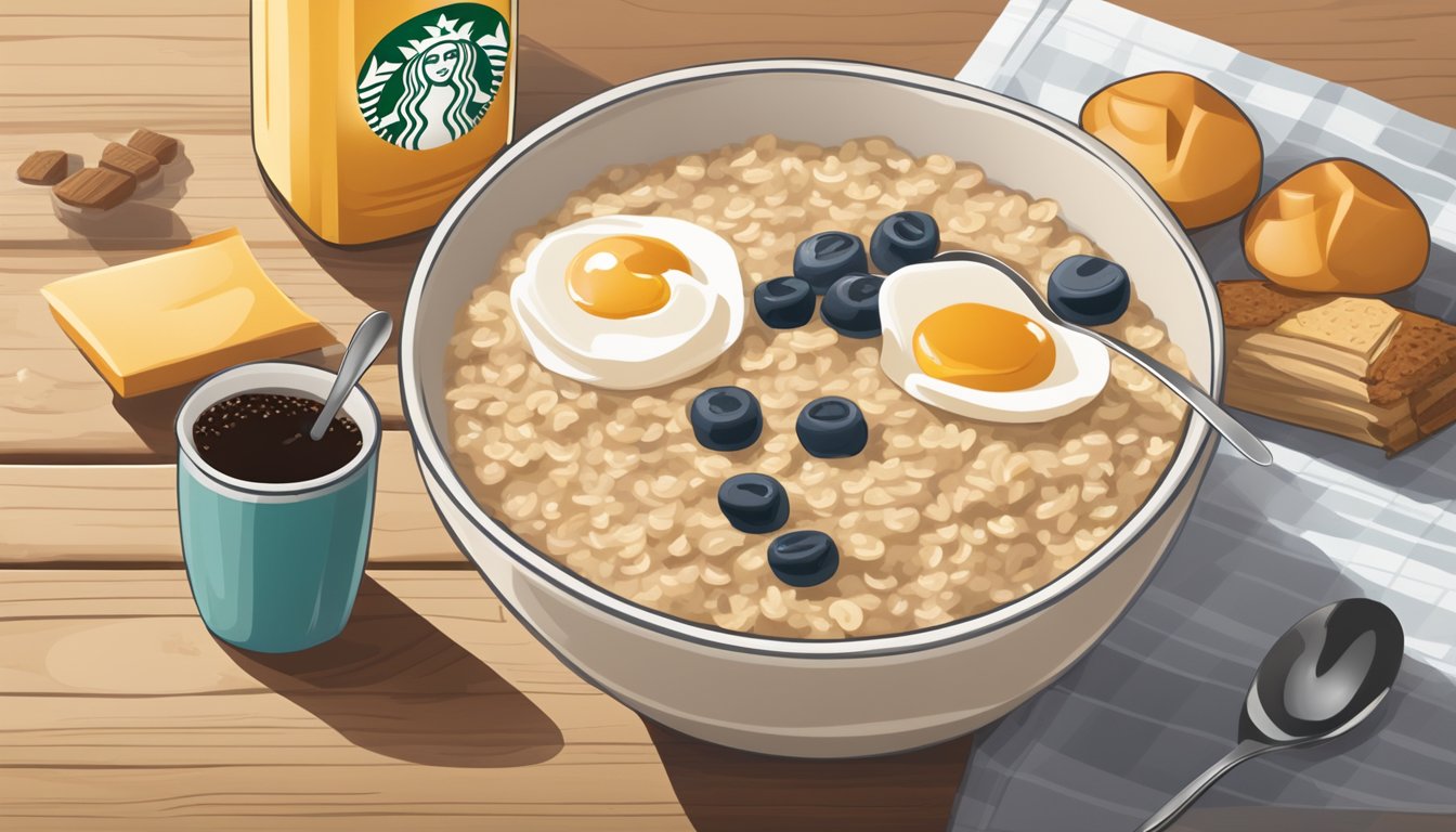 A bowl of classic oatmeal with a spoon on a wooden table, surrounded by various Starbucks breakfast items