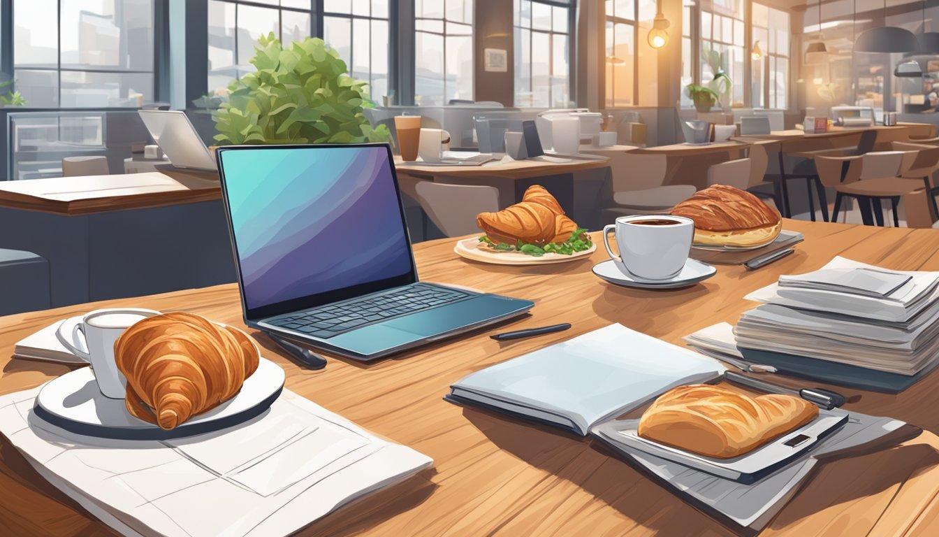 A cozy cafe table with a fresh ham and Swiss croissant, a steaming cup of coffee, and a laptop, surrounded by a bustling work environment