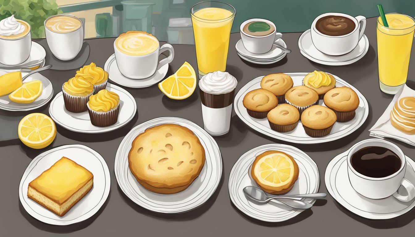 A table set with a lemon chiffon muffin and seven other Starbucks breakfast choices arranged like a dessert spread