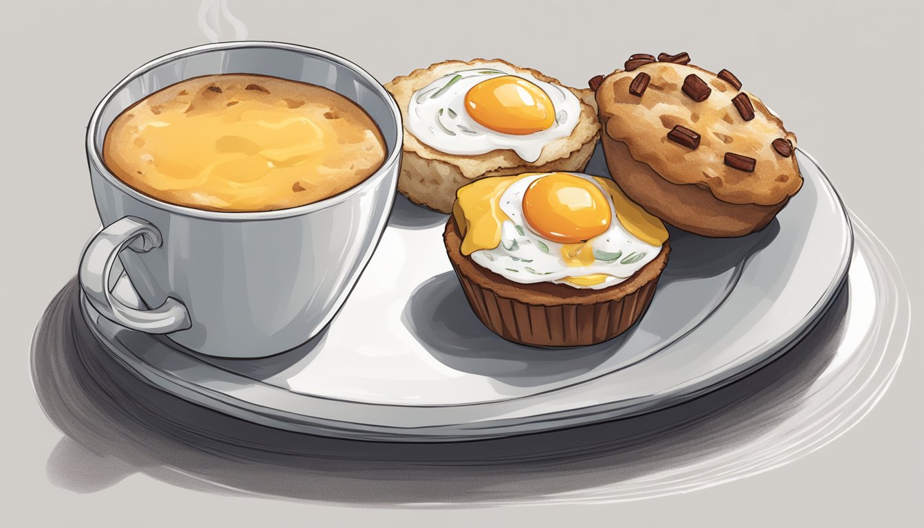 A breakfast muffin with turkey bacon, cheddar, and egg white sits on a plate next to a steaming cup of coffee