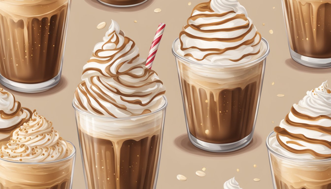 A tall glass filled with a creamy, swirled frappuccino topped with whipped cream and a sprinkle of cinnamon