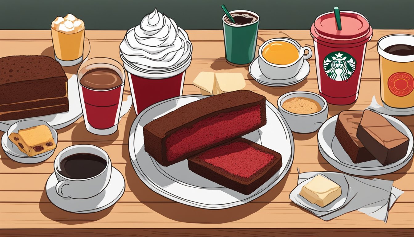 A slice of red velvet loaf sits on a white plate surrounded by 8 Starbucks breakfast items, all arranged on a wooden table