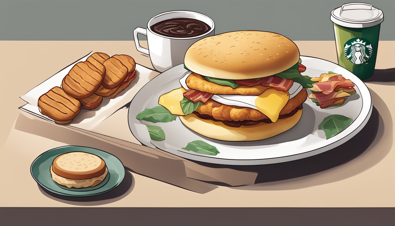 A plate with a biscuit sandwich filled with chicken sausage and bacon, surrounded by other breakfast items from Starbucks