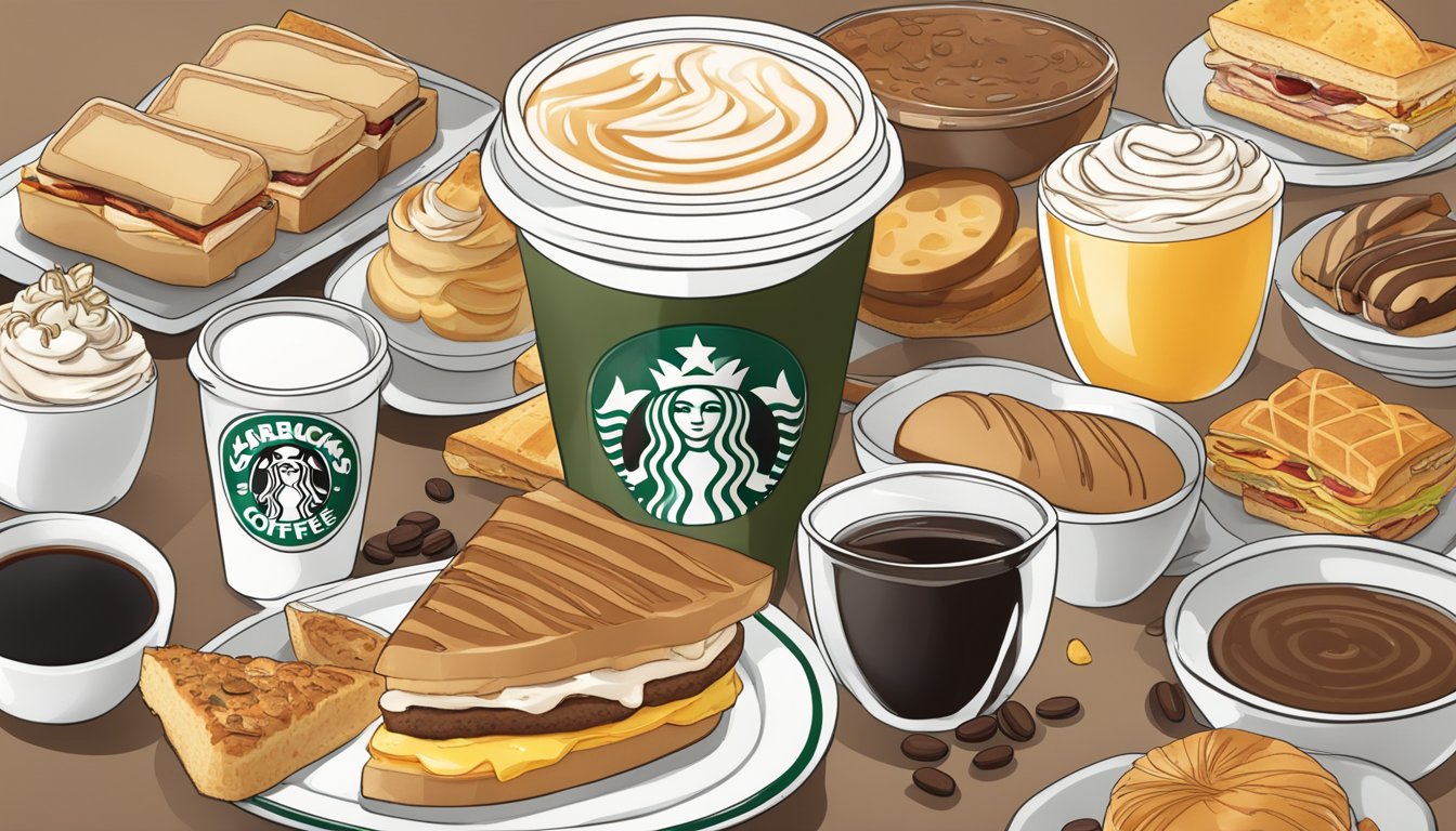 A table spread with a variety of Starbucks breakfast items, including sandwiches, pastries, and yogurt parfaits, accompanied by a steaming cup of coffee