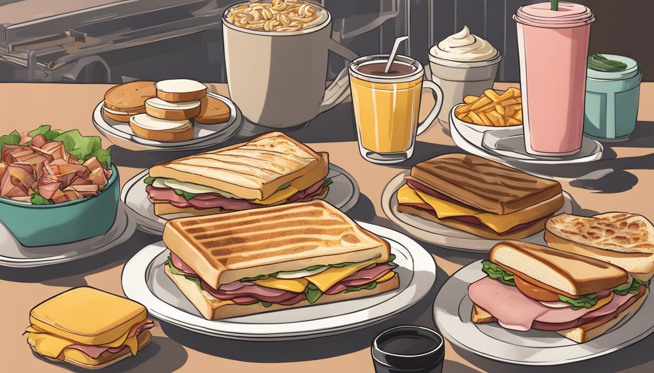 A sizzling panini with layers of ham and Swiss cheese on a warm grill, surrounded by a variety of Starbucks breakfast items