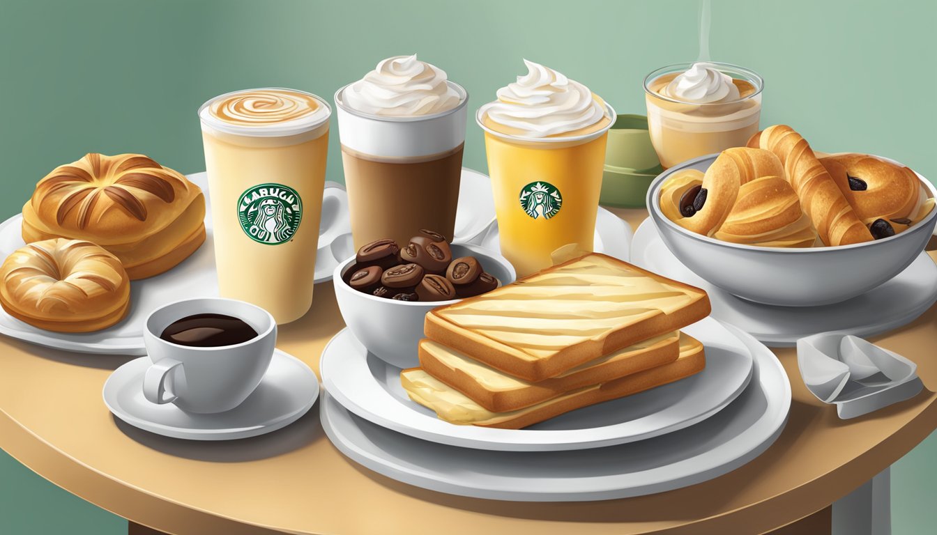 A table set with a variety of Starbucks breakfast items, including pastries, sandwiches, and coffee, arranged in an appealing and appetizing display