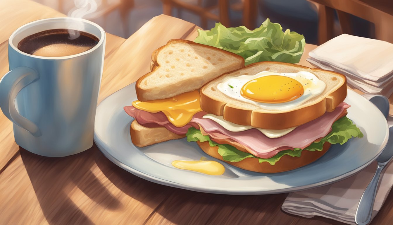 A sizzling ham, Swiss, and egg sandwich sits on a plate next to a steaming cup of coffee, surrounded by a cozy café atmosphere