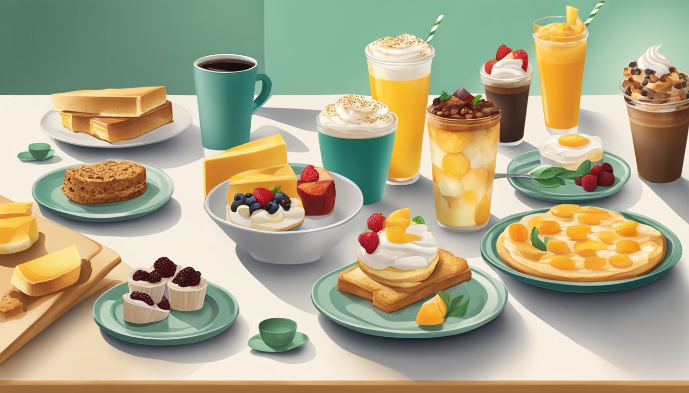 A table with eight Starbucks breakfast items arranged in a visually appealing manner, with colorful plates and garnishes, resembling a dessert spread