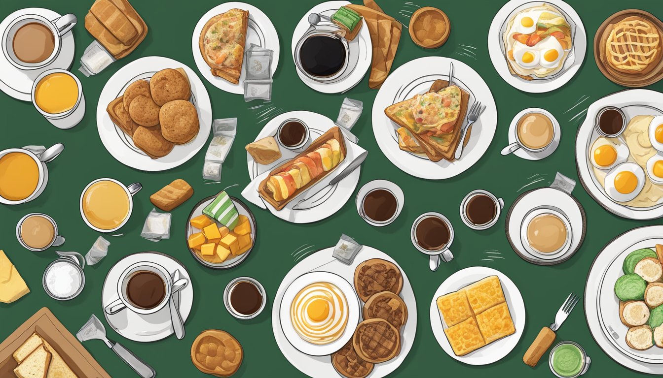 A table with 15 Starbucks breakfast items arranged in a visually appealing manner, with each item labeled and ready to be tasted and ranked