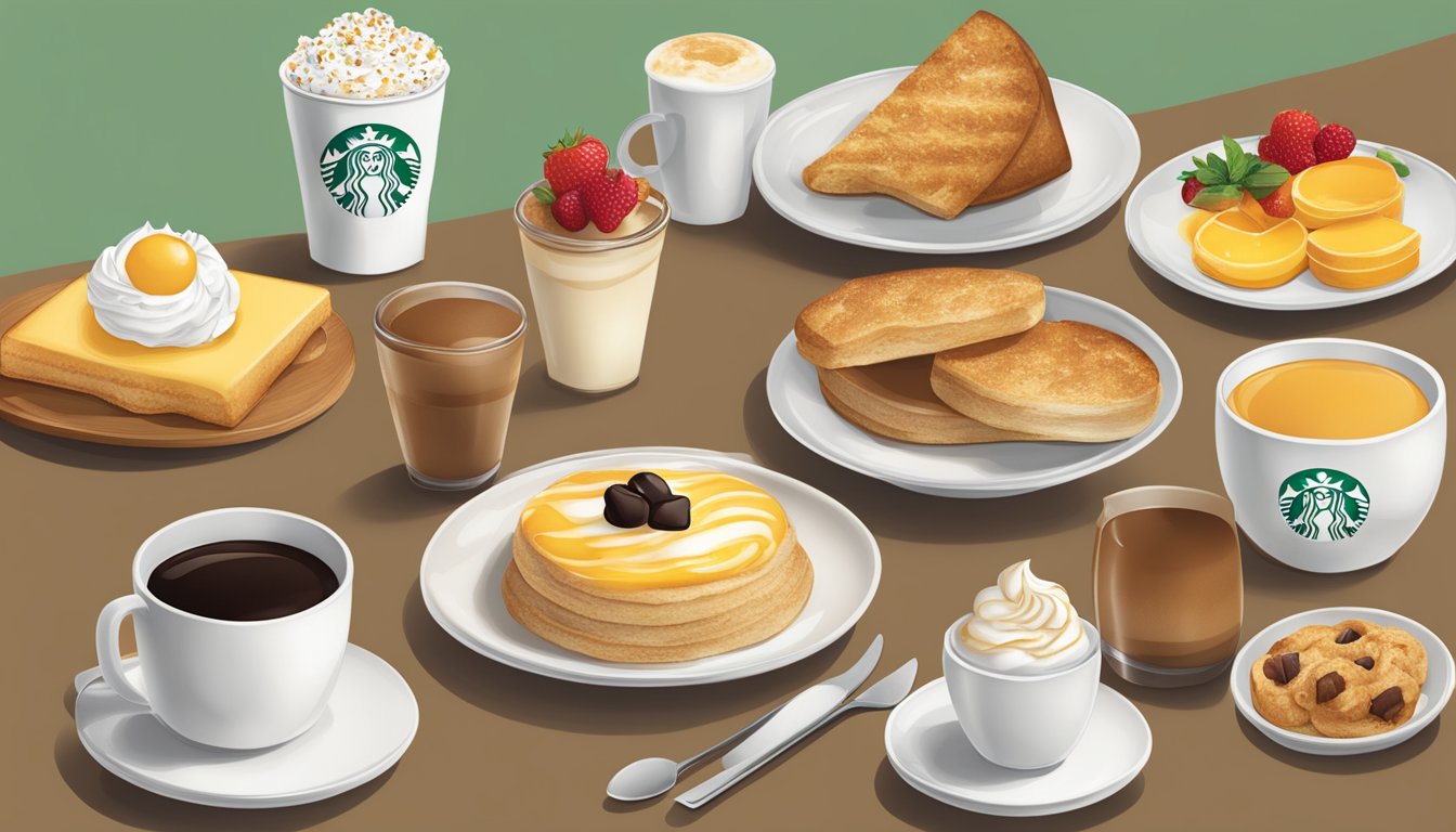 A table set with 8 Starbucks breakfast items resembling dessert