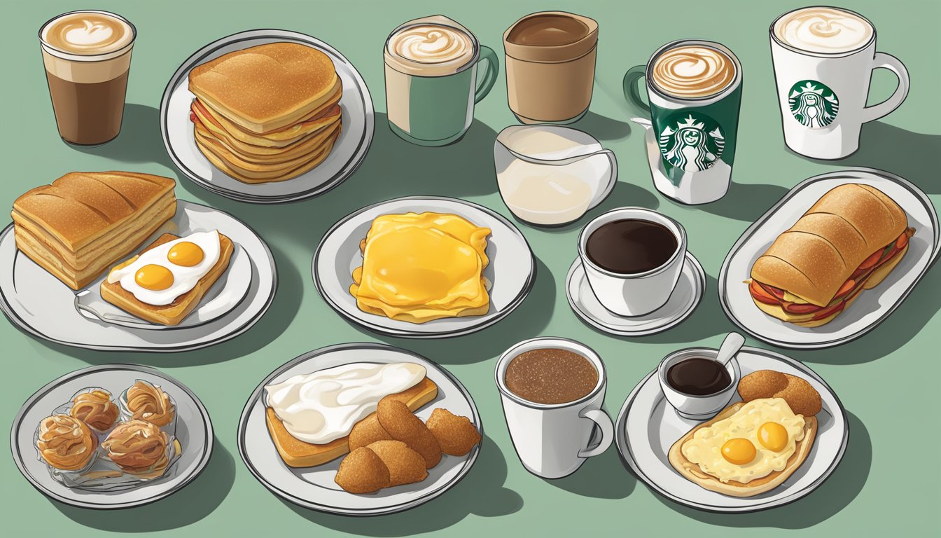 A spread of 15 Starbucks breakfast items arranged by taste, with clear ingredient labels visible