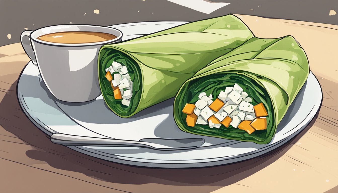 A colorful spinach and feta wrap sits on a plate next to a cup of coffee, ready for a road trip breakfast