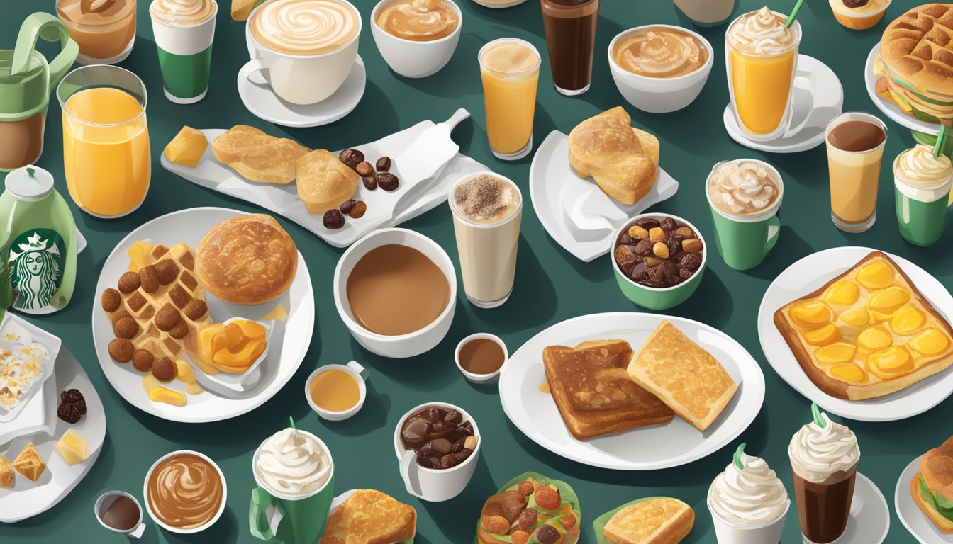 A table with 15 Starbucks breakfast items arranged in a visually appealing manner, with various beverages and condiments placed alongside