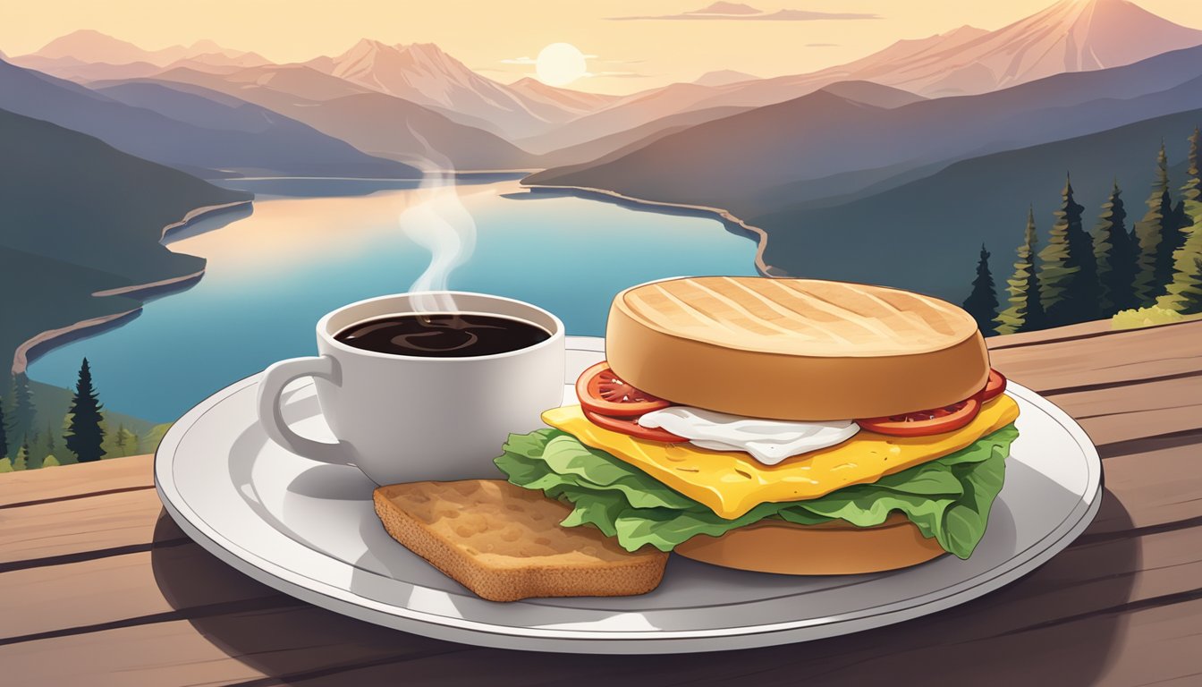 A breakfast sandwich sits on a plate next to a steaming cup of coffee, with a scenic view of a winding road and mountains in the background