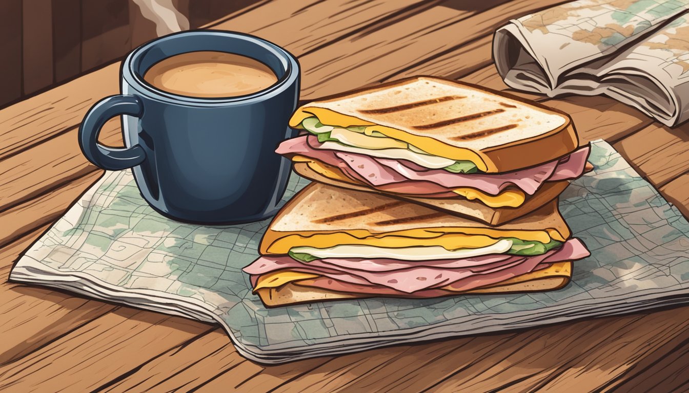 A sizzling panini with ham and swiss cheese sits on a rustic wooden table, surrounded by a steaming cup of coffee and a map, ready for a road trip adventure