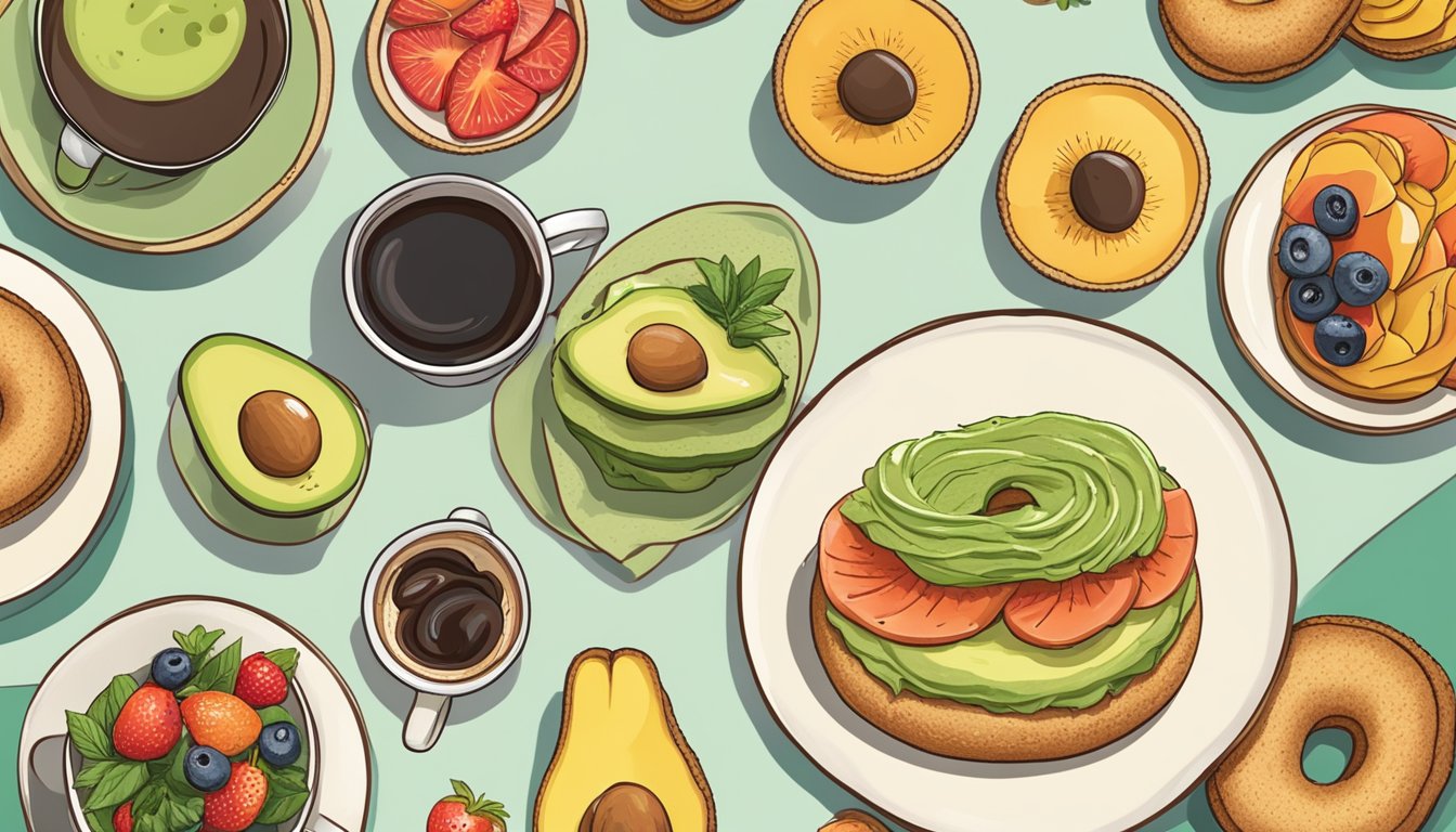 A sprouted grain bagel topped with avocado spread sits on a plate, surrounded by a cup of coffee and a selection of colorful fruits