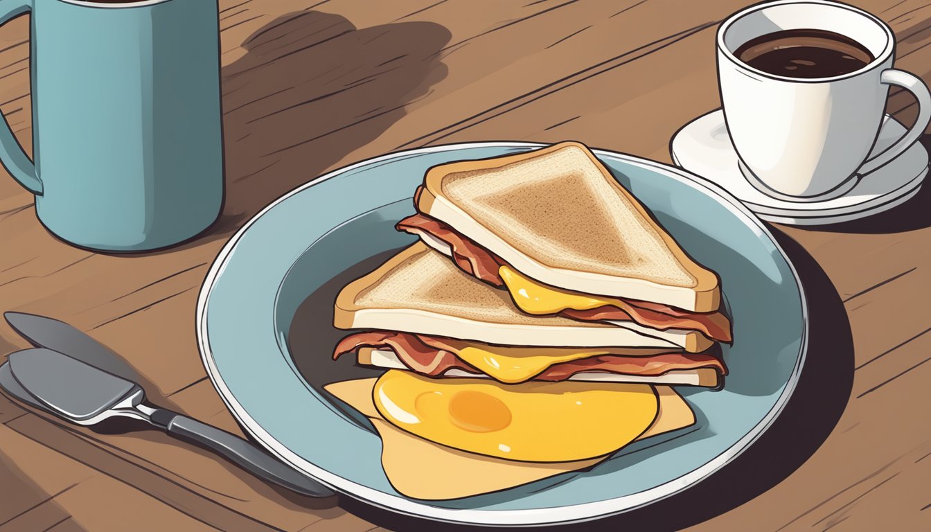 A sizzling bacon, gouda, and egg sandwich sits on a plate next to a steaming cup of coffee, ready for a road trip breakfast