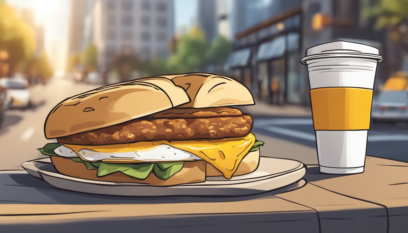 A breakfast sandwich with sausage, cheddar, and egg on a toasted bun, alongside a cup of coffee, sits on a table at a roadside Starbucks