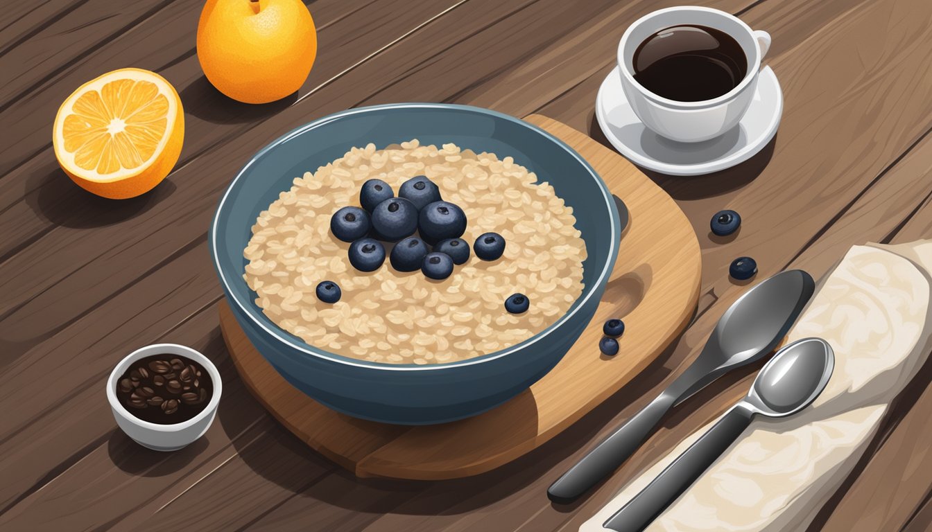 A bowl of classic oatmeal sits on a wooden table, surrounded by a cup of black coffee and fresh fruit, with a napkin and spoon nearby