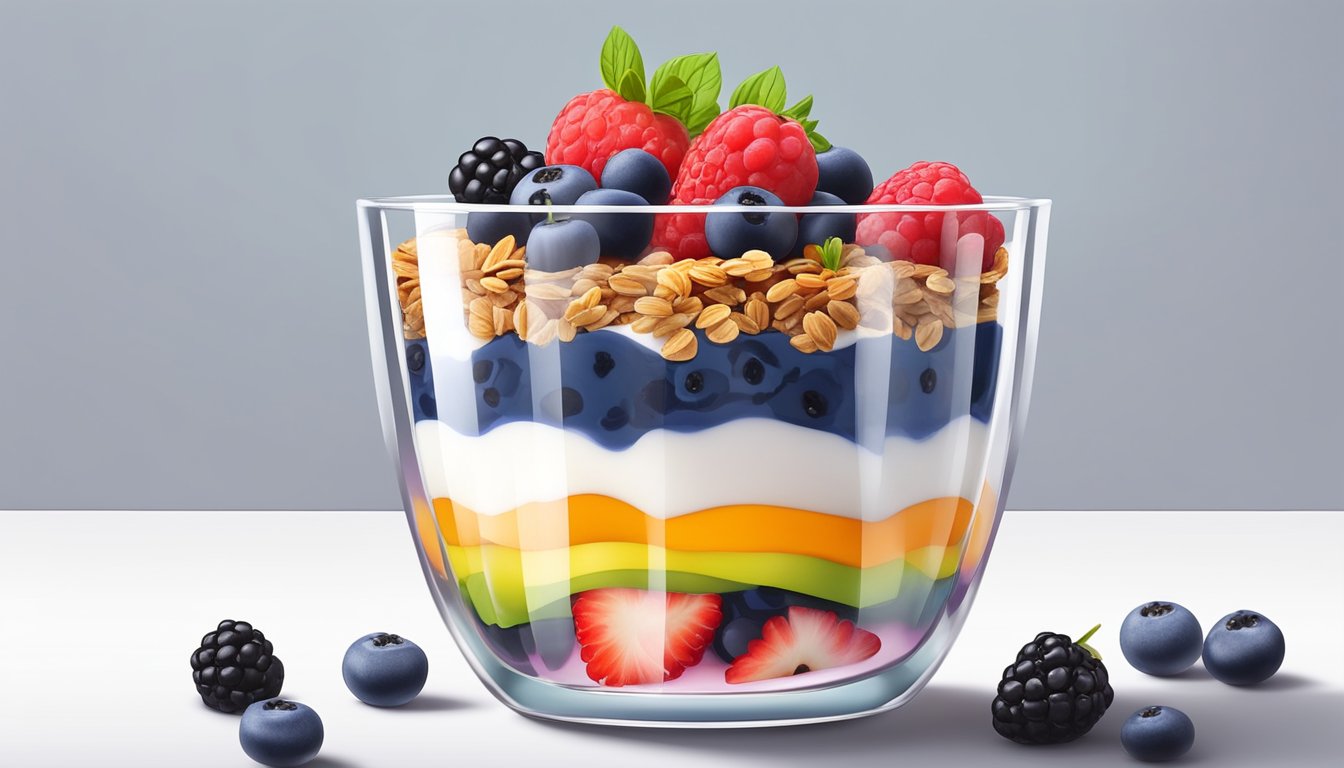 A colorful parfait with layers of yogurt, granola, and fresh berries in a clear glass dish on a white table