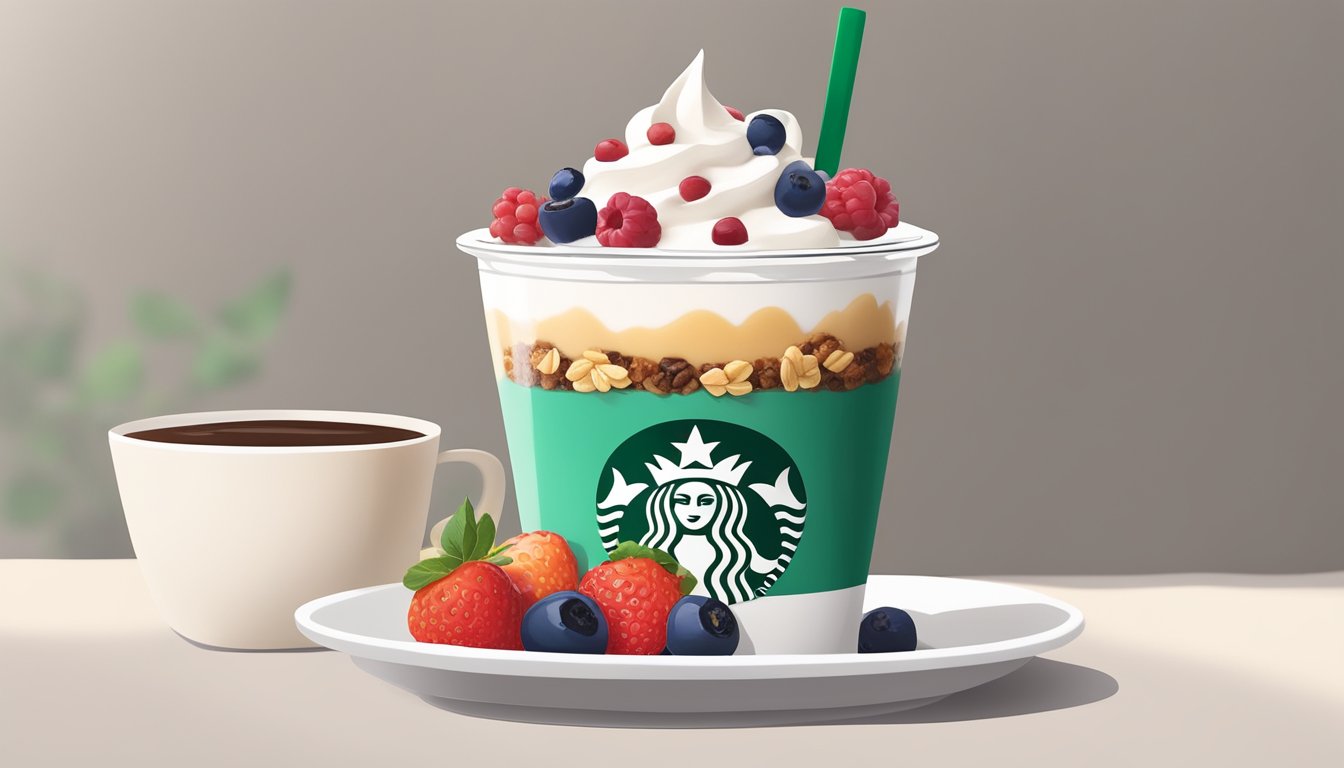 A colorful parfait with layers of yogurt, granola, and fresh berries sits on a white plate next to a Starbucks coffee cup