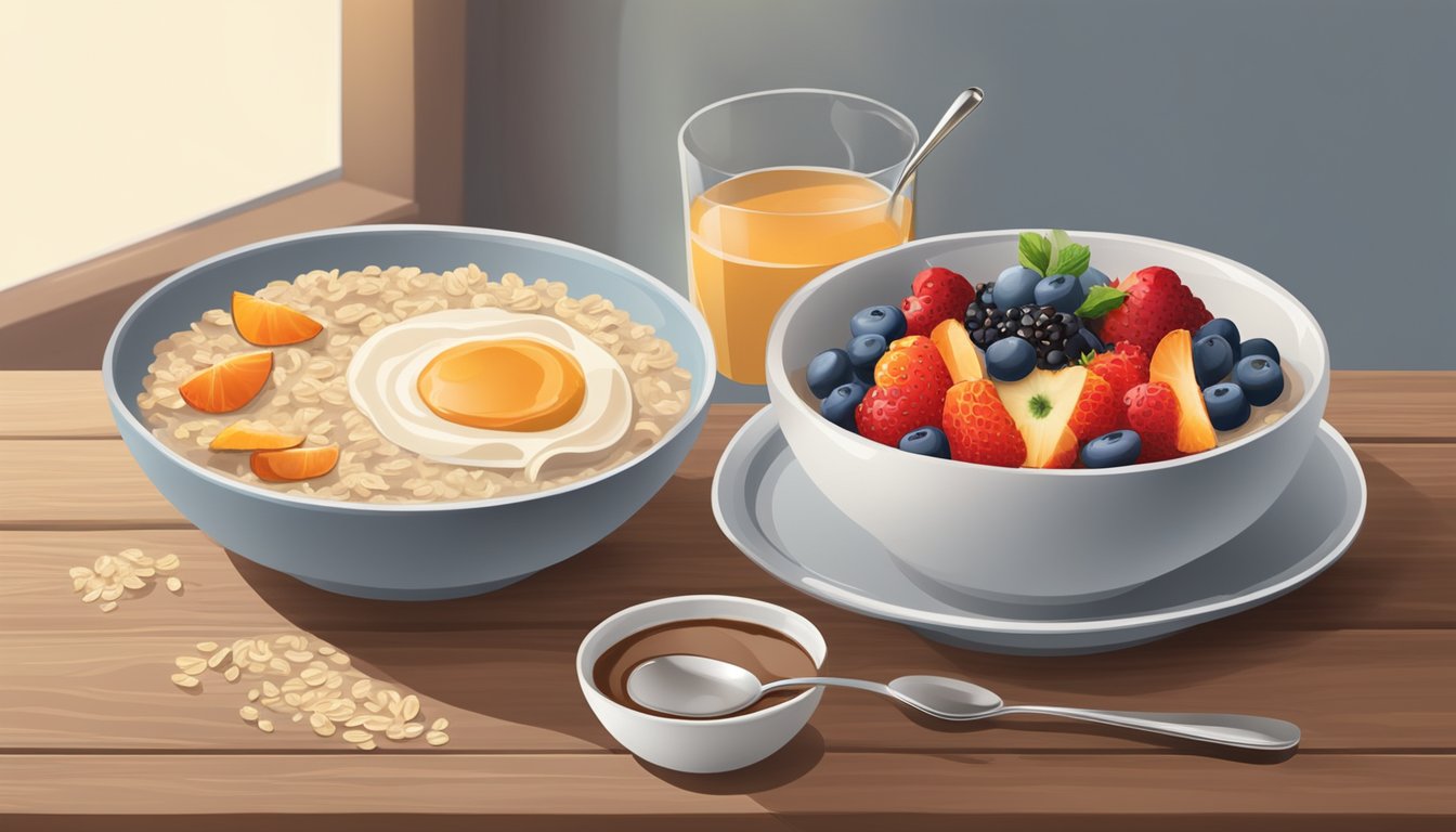 A steaming bowl of classic oatmeal with a side of fresh fruit and a cup of coffee on a wooden table