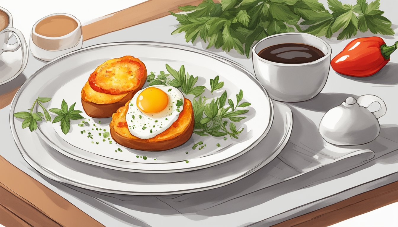 Two egg white and roasted red pepper sous vide egg bites on a white plate, surrounded by fresh herbs and a cup of coffee