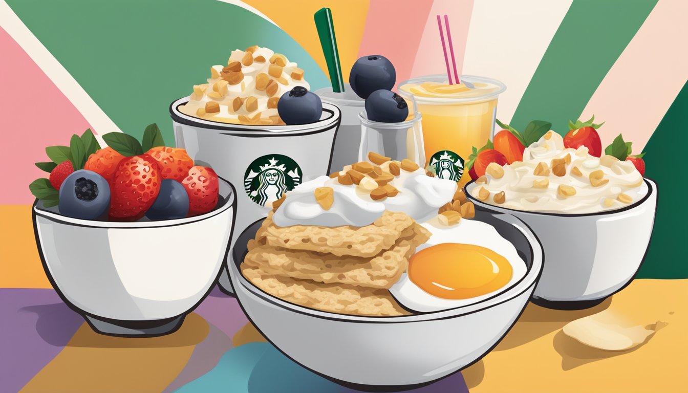 A table set with a variety of Starbucks breakfast items, including oatmeal, fruit, and yogurt, arranged neatly with colorful backgrounds and fresh garnishes