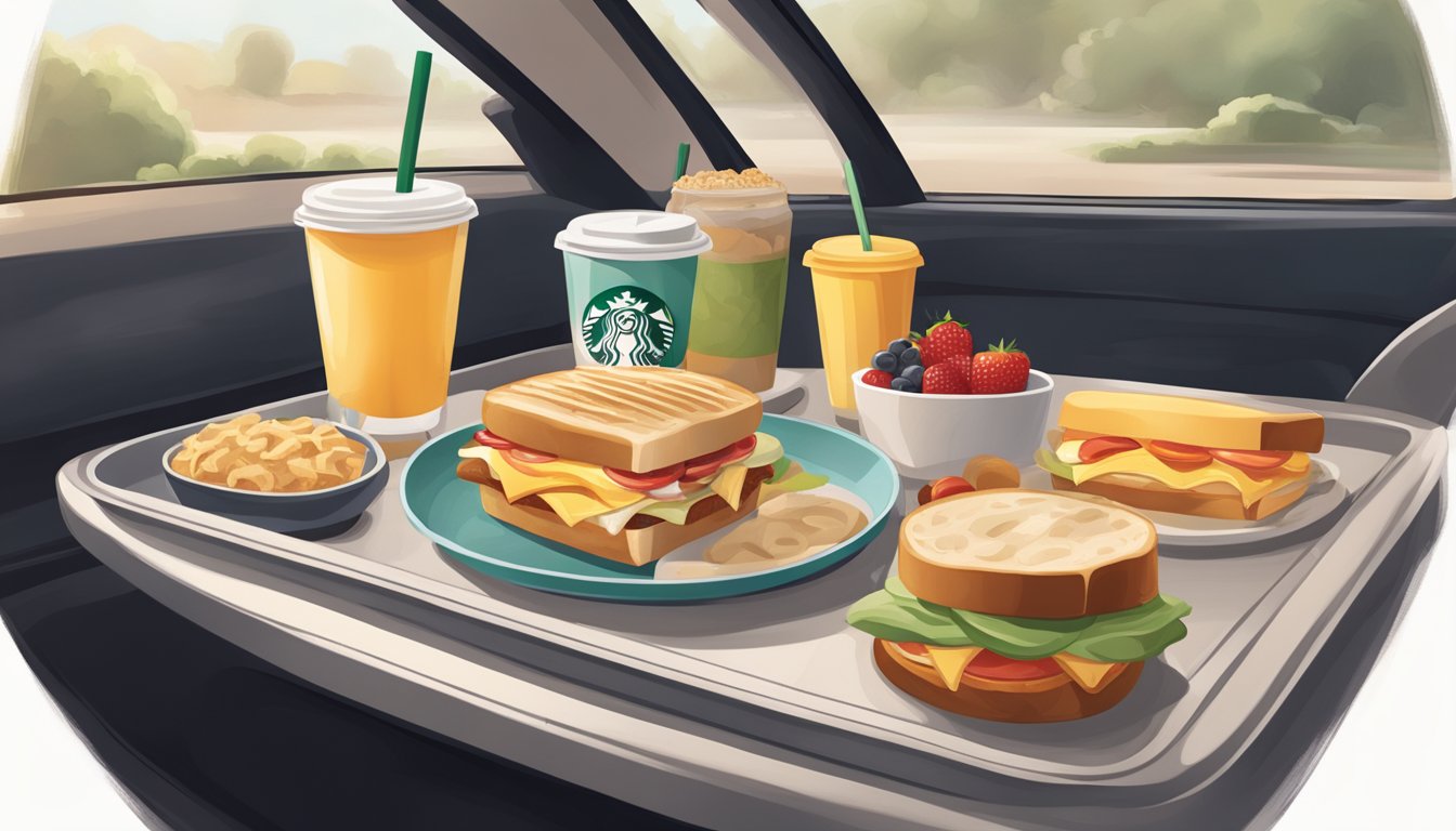 A cozy car interior with a tray of Starbucks breakfast items, including a variety of options suitable for different dietary needs, such as sandwiches, oatmeal, and fruit