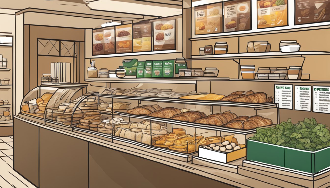 A colorful, organized display of a smoked turkey protein box surrounded by other breakfast options at a Starbucks counter