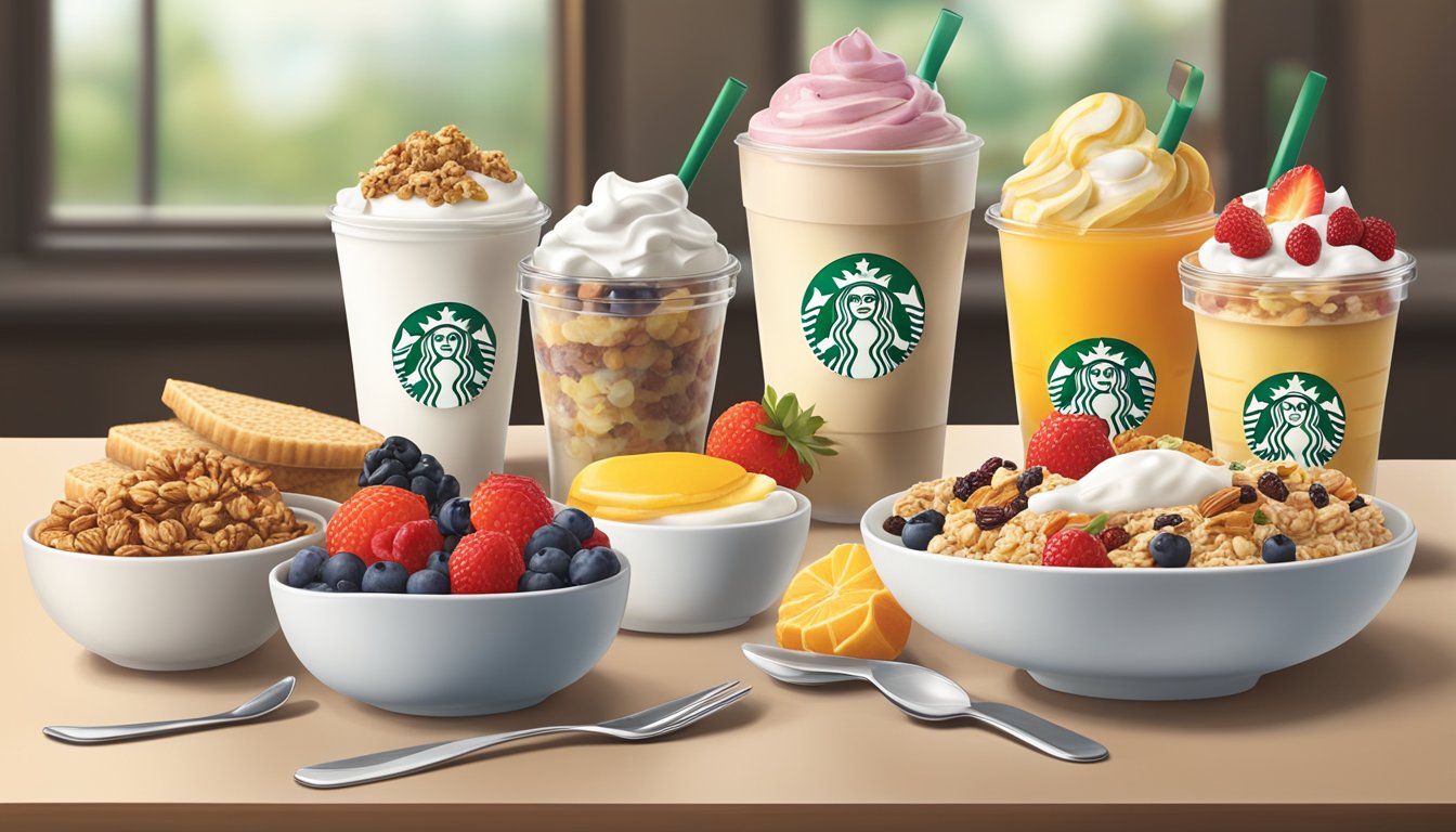 A table with a variety of Starbucks breakfast options, including oatmeal, yogurt parfaits, and breakfast sandwiches, displayed with colorful fruit and granola toppings