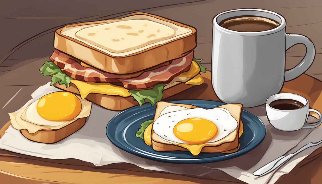 A sizzling bacon gouda & egg sandwich on a warm plate, surrounded by a steaming cup of coffee and a cozy scarf