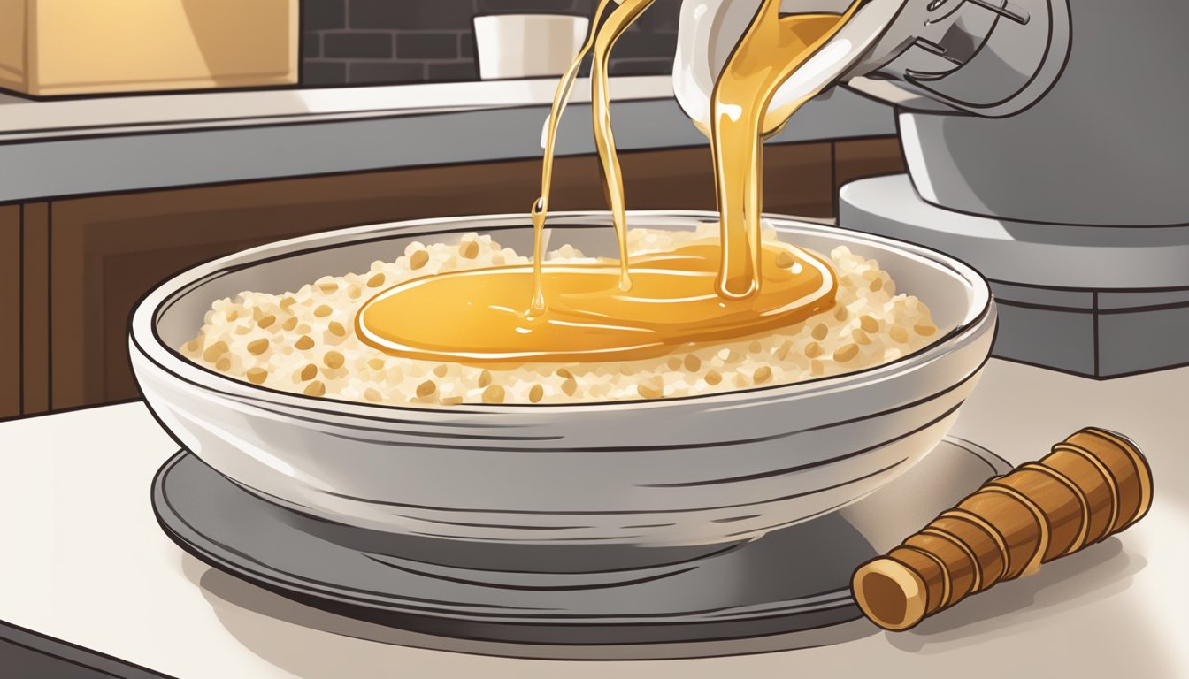 A small dollop of honey being drizzled over a steaming bowl of oatmeal at a Starbucks counter