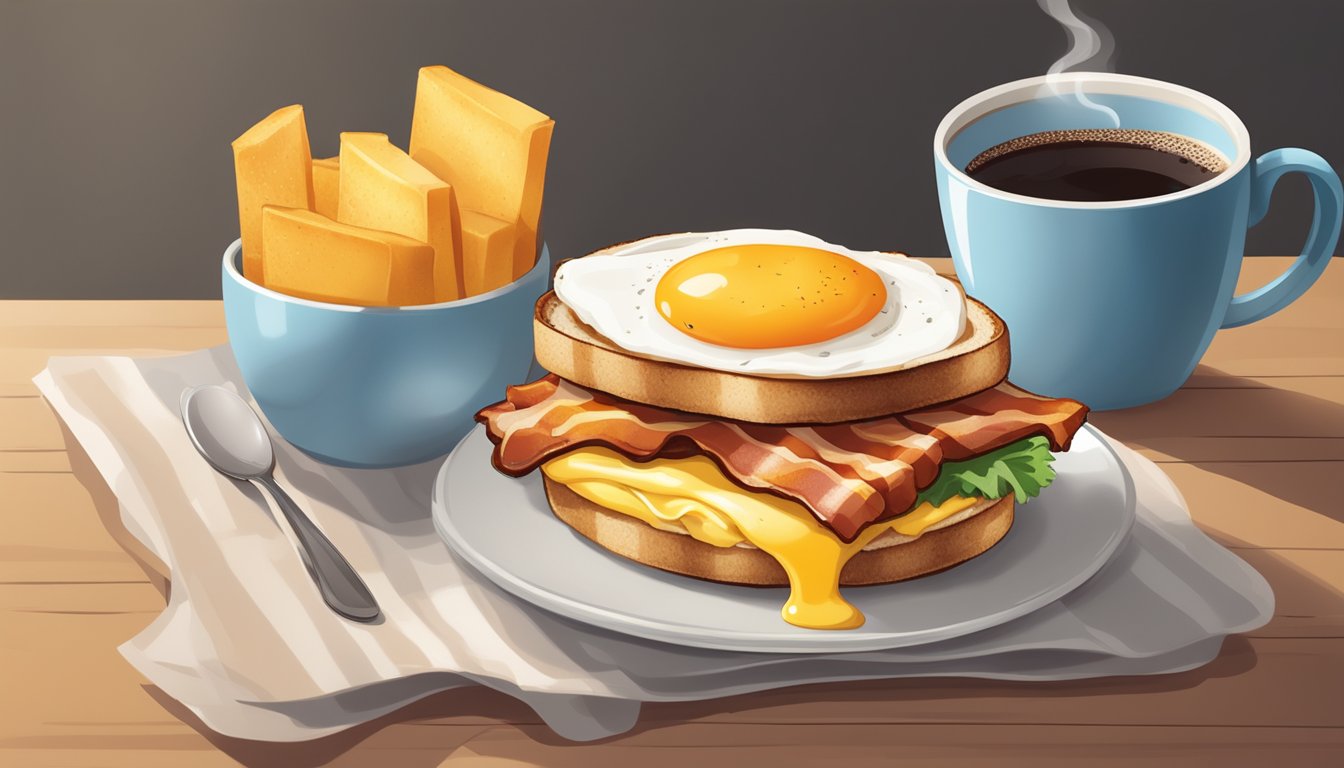 A sizzling bacon and egg sandwich with melted cheddar on a toasted bun, served alongside a steaming cup of coffee on a cold morning