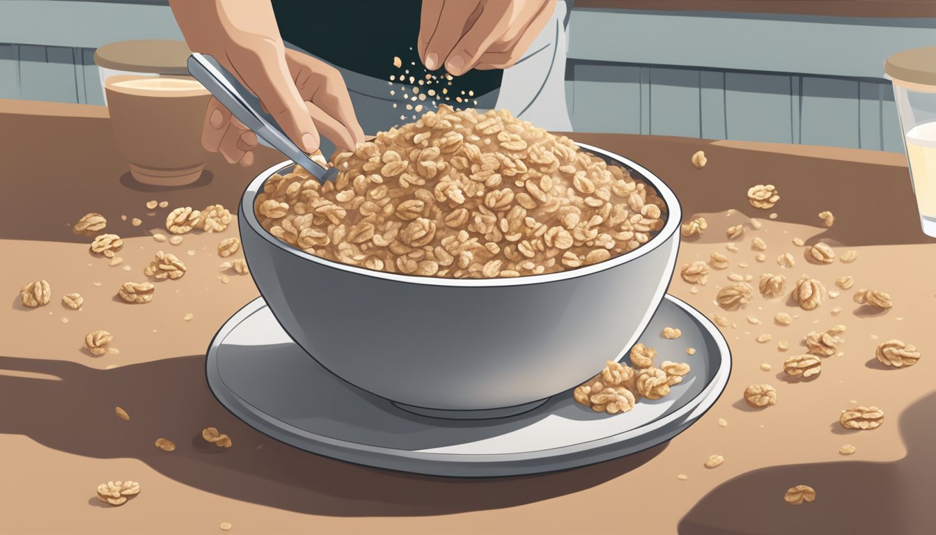 Crushed walnuts being sprinkled into a bowl of oatmeal at a Starbucks counter