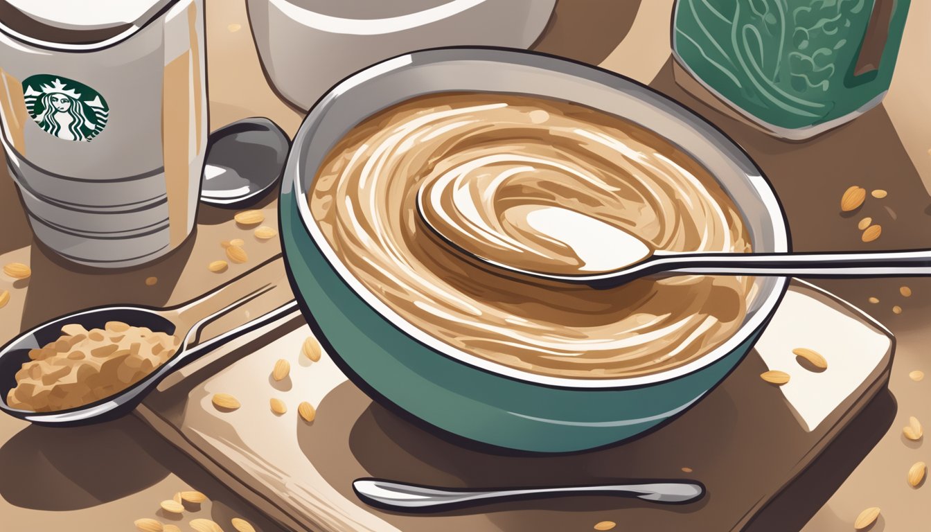 A spoon swirling almond butter into a bowl of oatmeal at a Starbucks counter