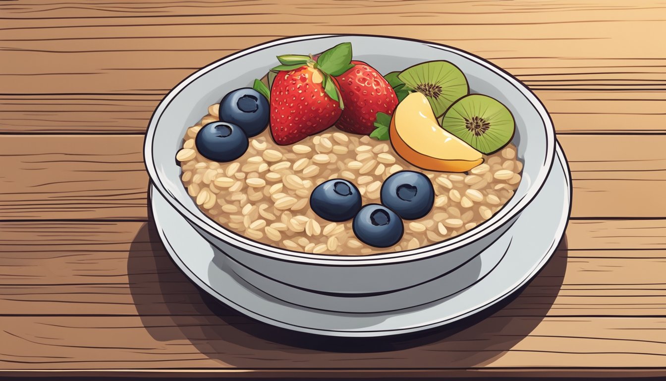 A bowl of classic oatmeal topped with fresh fruit and nuts sits on a wooden table next to a steaming cup of coffee at a Starbucks cafe