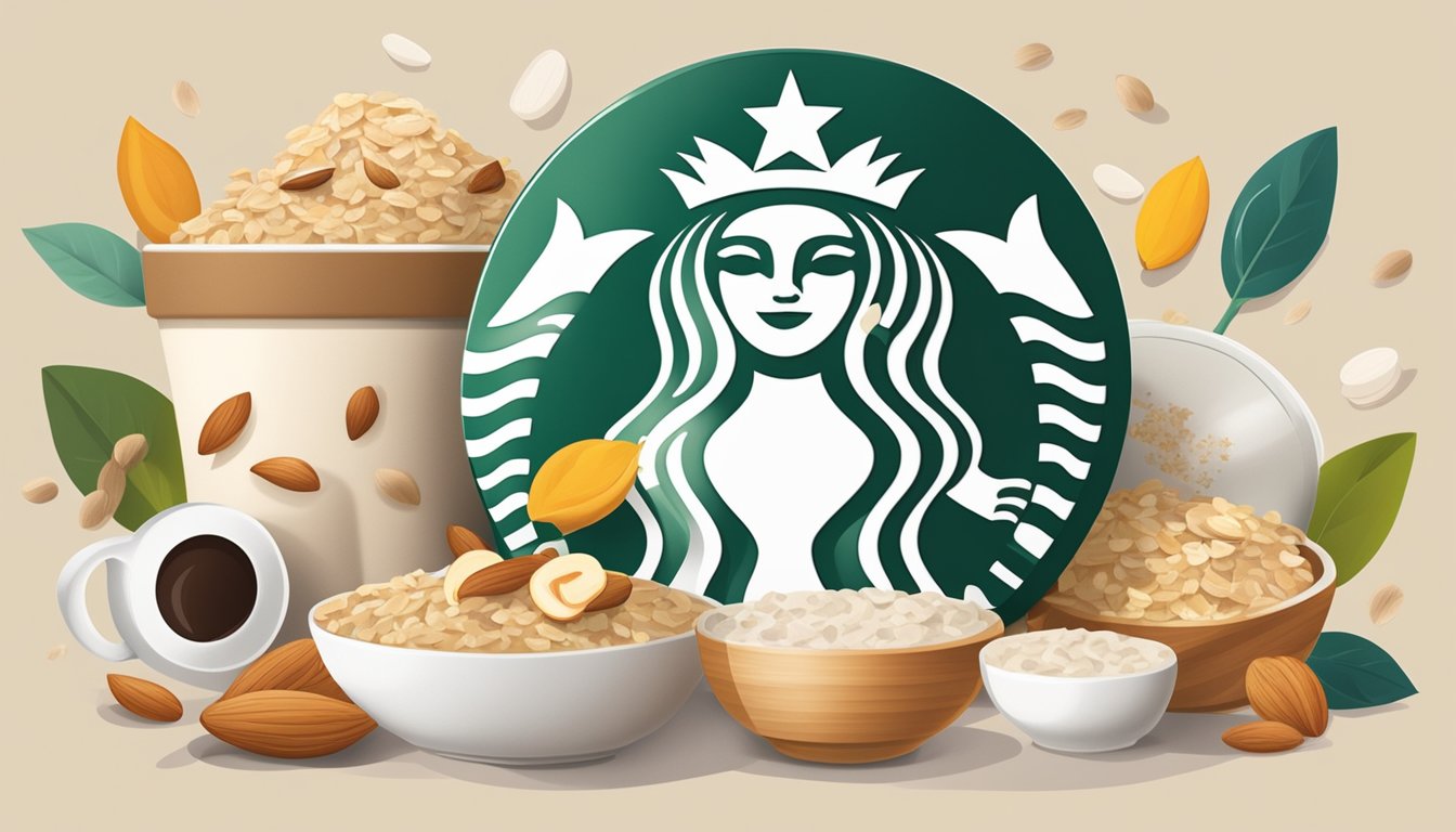 A bowl of oatmeal topped with sliced almonds, surrounded by various ingredients and utensils, with a Starbucks logo in the background